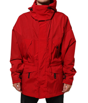 Dolce & Gabbana Red Nylon Hooded Men Full Zip Parka Jacket