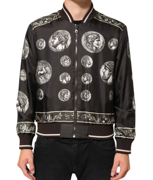 Dolce & Gabbana Black "Monete" Coin Print Silk Bomber Jacket