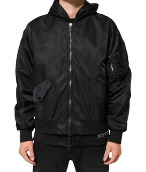 Dolce & Gabbana Black Nylon Hooded Full Zip Bomber Men Jacket