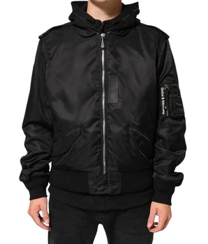 Dolce & Gabbana Black Cotton Hooded Full Zip Bomber Jacket
