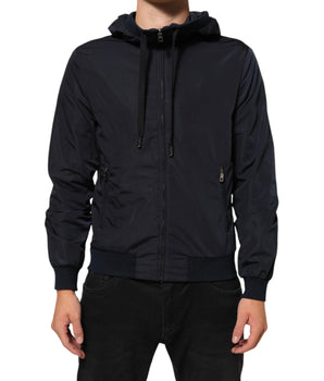 Dolce & Gabbana Blue Logo Tape Hooded Full Zip Bomber Jacket