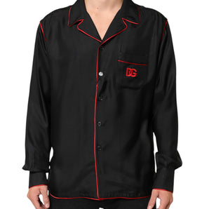 Dolce & Gabbana Black Red Contrast Trim Silk Casual Shirt