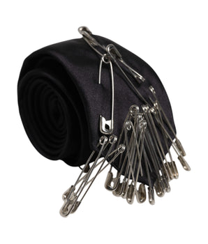 Dolce &amp; Gabbana Black Safety Pins Silk Adjustable Necktie Accessory Tie