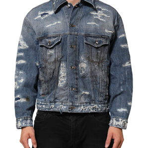 Dolce & Gabbana Blue Cotton Tattered Denim Blouson Jacket