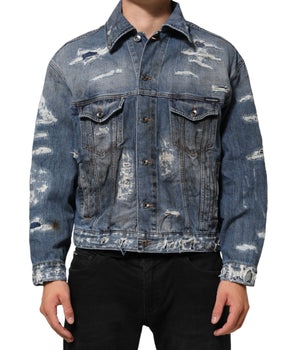 Dolce &amp; Gabbana Blue Cotton Tattered Denim Blouson Jacket