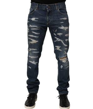 Dolce &amp; Gabbana Blue Tattered Cotton Skinny Men Denim Jeans