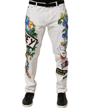 Dolce &amp; Gabbana White Graffiti Print Skinny GOLD Denim Jeans