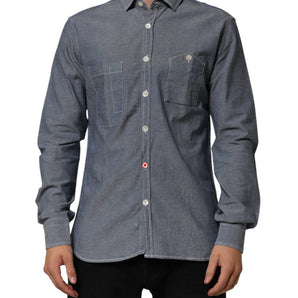 AGLINI Blue Denim Regular Fit Collared Long Sleeve Casual Shirt