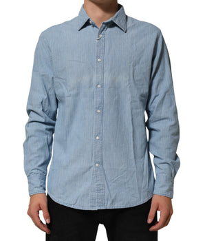 Deperlu Blue Denim Regular Fit Collared Long Sleeve Men Shirt