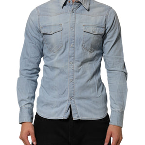 Maison Clochard Blue Denim Collared Long Sleeve Men Shirt