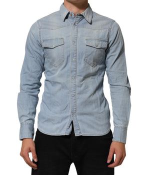 Maison Clochard Blue Denim Collared Long Sleeve Men Shirt