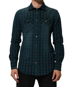 AGLINI Green Checkered Cotton Button Down Long Sleeves Shirt