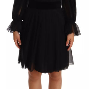 Dolce & Gabbana Black Silk Tulle Long Sleeve V-neck Dress