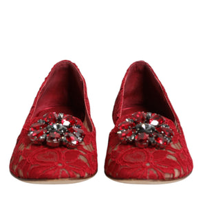Dolce & Gabbana Red Lace Crystal Ballet Flats Loafers Shoes