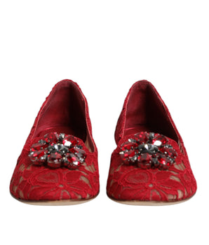 Dolce &amp; Gabbana Red Lace Crystal Ballet Flats Loafers Shoes