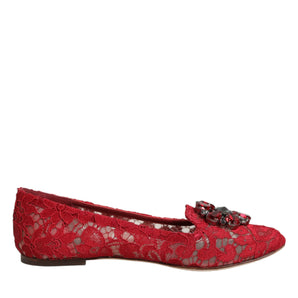 Dolce & Gabbana Red Lace Crystal Ballet Flats Loafers Shoes