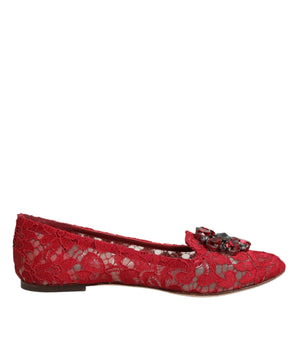 Dolce &amp; Gabbana Red Lace Crystal Ballet Flats Loafers Shoes