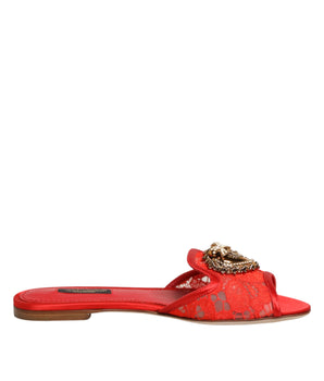 Dolce &amp; Gabbana Red Devotion Lace Flats Slip On Sandals Shoes