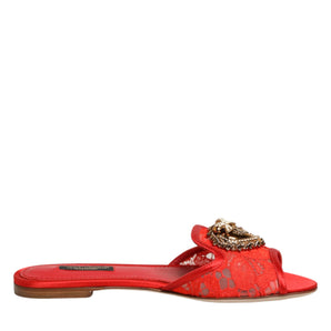 Dolce & Gabbana Red Devotion Lace Flats Slip On Sandals Shoes