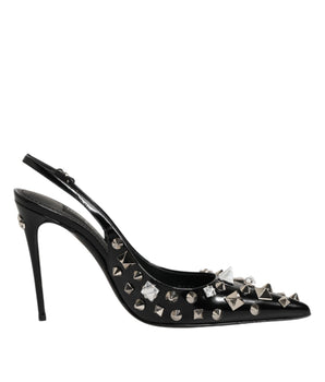 Dolce &amp; Gabbana Black Studded Leather Heels Slingbacks Shoes