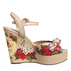 Dolce &amp; Gabbana Beige Floral Ankle Strap Wedge Sandals Shoes
