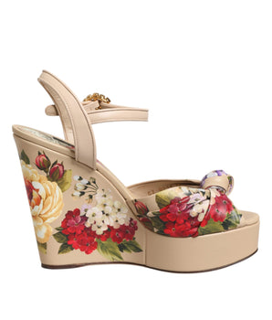 Dolce &amp; Gabbana Beige Floral Ankle Strap Wedge Sandals Shoes