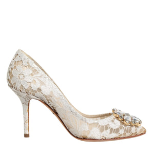 Dolce &amp; Gabbana White Taormina Lace Crystal Heel Pumps Shoes