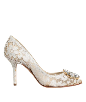 Dolce &amp; Gabbana White Taormina Lace Crystal Heel Pumps Shoes
