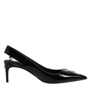 Dolce &amp; Gabbana Black Zipper Leather Heels Slingbacks Shoes