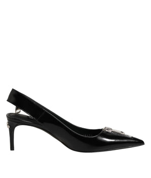 Dolce &amp; Gabbana Black Zipper Leather Heels Slingbacks Shoes