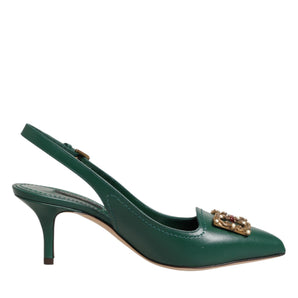 Dolce &amp; Gabbana Green Leather AMORE Heels Slingbacks Shoes