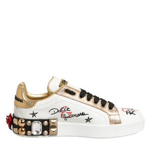 Dolce &amp; Gabbana White Leather Floral Studded Tennis Shoes
