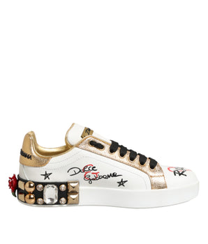 Dolce &amp; Gabbana White Leather Floral Studded Tennis Shoes