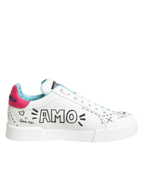Dolce &amp; Gabbana White Leather Graffiti Low Top Sneakers