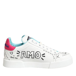 Dolce &amp; Gabbana White Leather Graffiti Low Top Sneakers