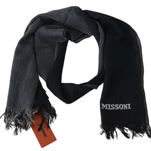 M Missoni Black Striped Wool Unisex Neck Wrap Fringes Logo Scarf