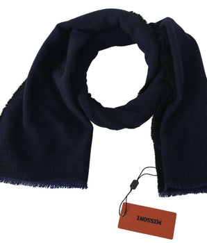 M Missoni Dark Blue Wool Unisex Neck Wrap Fringes Logo Scarf