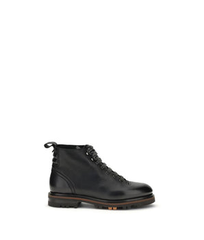 Santoni Black Calf Leather Bos Taurus Lace-Up Boots
