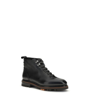 Santoni Black Calf Leather Bos Taurus Lace-Up Boots