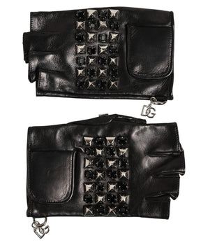 Dolce & Gabbana Black Leather Studded Fingerless Hand Mitten Men Gloves