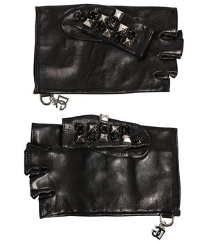 Dolce & Gabbana Black Leather Studded Fingerless Hand Mitten Men Gloves