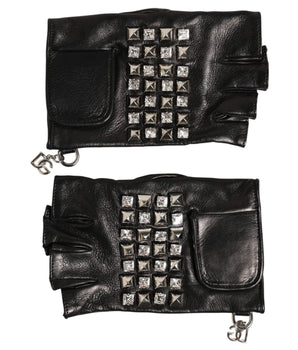 Dolce & Gabbana Black Leather Studded Fingerless Hand Mitten Men Gloves