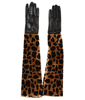 Dolce & Gabbana Brown Black Leopard Leather Elbow Length Mitten Gloves