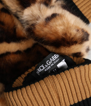 Dolce &amp; Gabbana Brown Leopard Knitted Fur Wrist Mitten Gloves