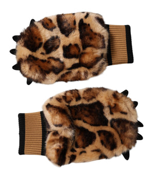 Dolce &amp; Gabbana Brown Leopard Knitted Fur Wrist Mitten Gloves