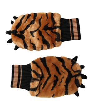 Dolce & Gabbana Brown Tiger Knitted Fur Wrist Mitten One Size Gloves