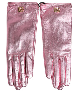 Dolce & Gabbana Pink Leather DG Logo Wrist Length Mitten Gloves