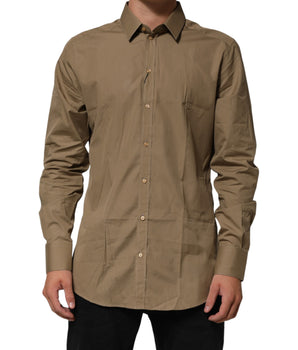 Dolce &amp; Gabbana Brown Cotton Collared Men GOLD Dress Shirt