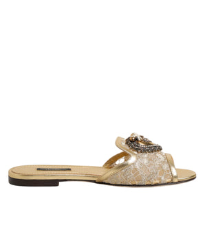 Dolce &amp; Gabbana Gold Devotion Lace Flats Slip-On Sandals Shoes