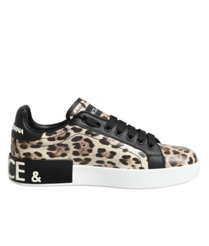 Dolce & Gabbana Brown Leather Leopard Low Top Sneakers Shoes